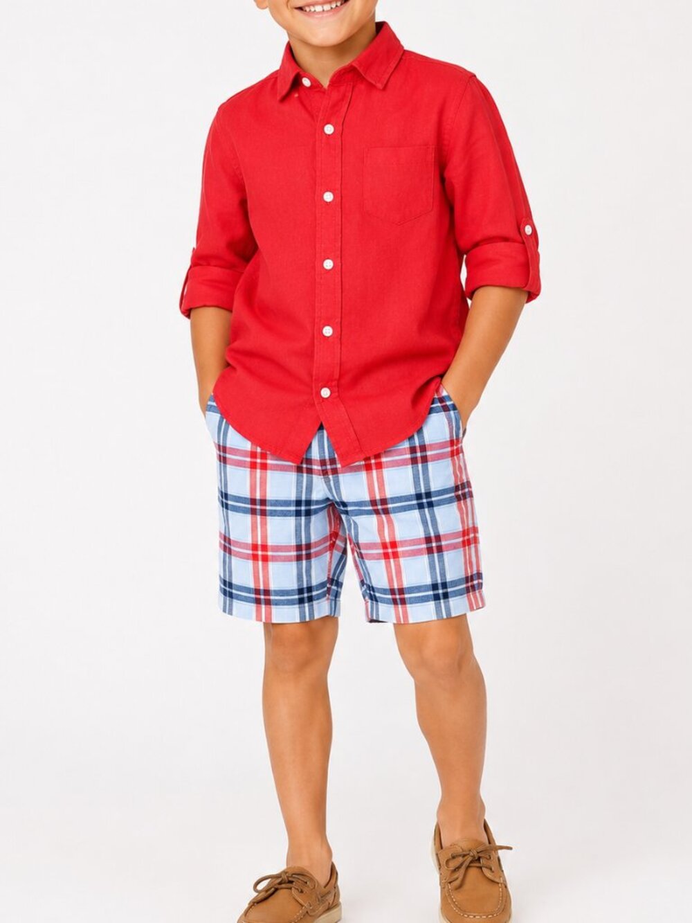 Janie and Jack Boys Linen Shirt Plaid Shorts Set Size S Red Summer Outfit